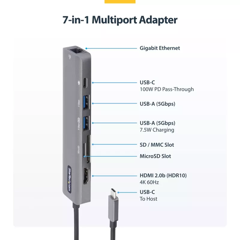 StarTech.com USB-C kelių prievadų adapteris, USB-C į 4K 60Hz HDMI, Gigabit Ethernet ir 100W nešiojamojo kompiuterio įkrovimas, skirtas Macbook Pro / Air ir Windows
