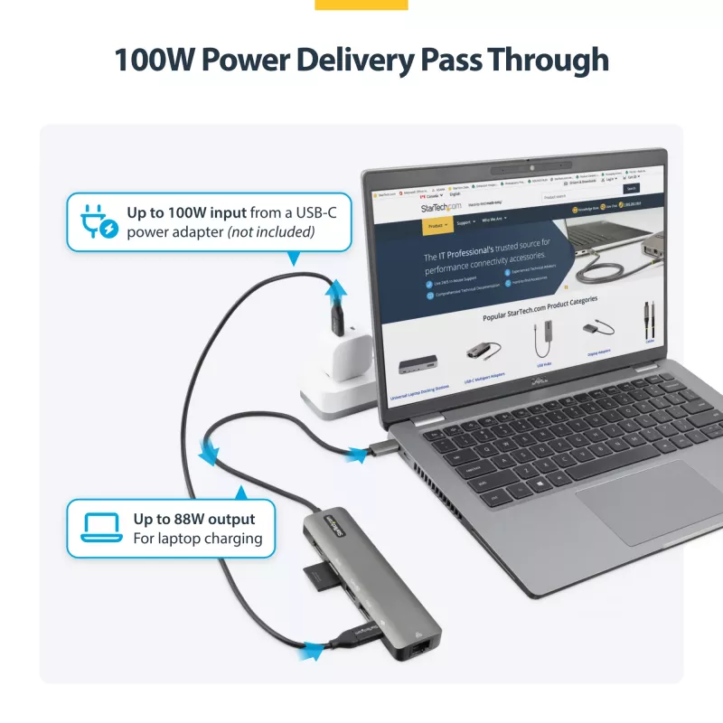 StarTech.com USB-C kelių prievadų adapteris, USB-C į 4K 60Hz HDMI, Gigabit Ethernet ir 100W nešiojamojo kompiuterio įkrovimas, skirtas Macbook Pro / Air ir Windows