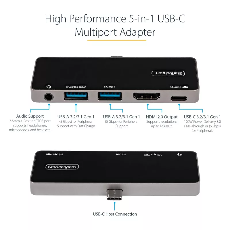 StarTech.com USB-C kelių prievadų adapteris – USB-C į 4K 60Hz HDMI 2.0, 100W PD įkrovimas, 3 prievadų USB 3.0 šakotuvas, garsas – USB-C mini dokas – nešiojamas USB Type-C kelioninis dokas