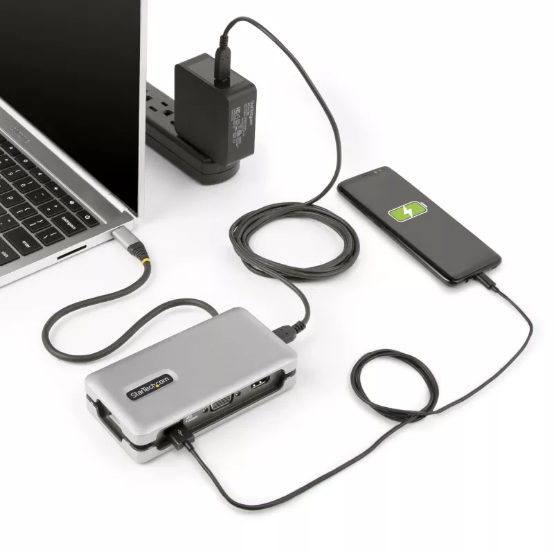 StarTech.com USB-C kelių prievadų adapteris – HDMI/VGA – 4K 60Hz – 3 prievadų USB centras – 100W Power Delivery perdavimas – GbE – kelioninė mini dokavimo stotelė su įkrovimu – 1 pėdos/30 cm apvyniojamas kabelis