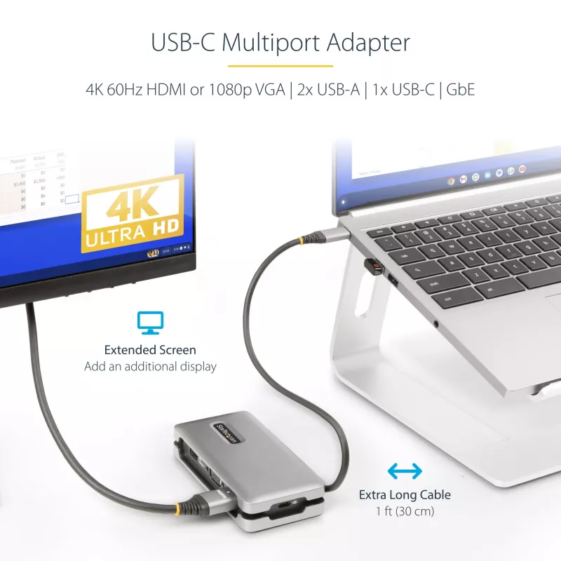 StarTech.com USB-C kelių prievadų adapteris – HDMI/VGA – 4K 60Hz – 3 prievadų USB centras – 100W Power Delivery perdavimas – GbE – kelioninė mini dokavimo stotelė su įkrovimu – 1 pėdos/30 cm apvyniojamas kabelis
