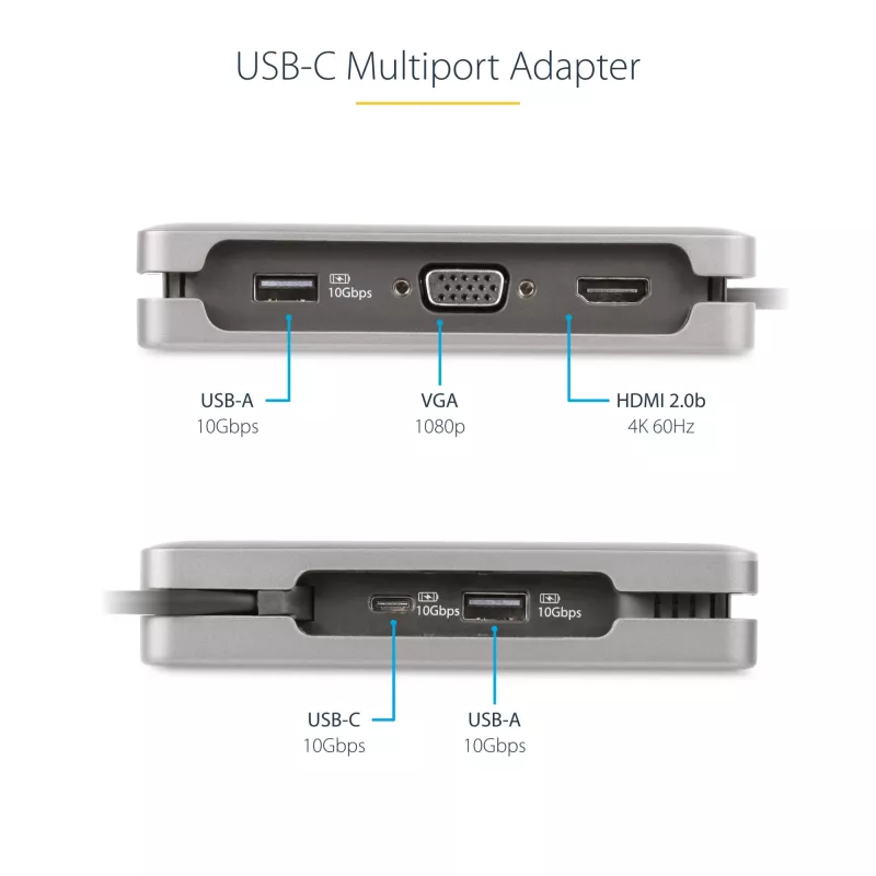 StarTech.com USB-C kelių prievadų adapteris – HDMI/VGA – 4K 60Hz – 3 prievadų USB centras – 100W Power Delivery perdavimas – GbE – kelioninė mini dokavimo stotelė su įkrovimu – 1 pėdos/30 cm apvyniojamas kabelis