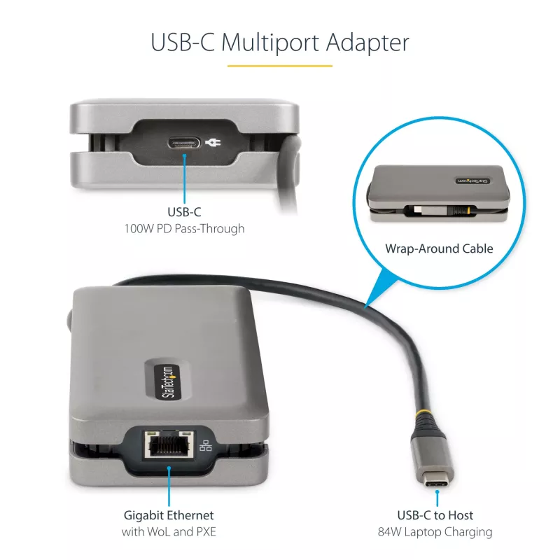 StarTech.com USB-C kelių prievadų adapteris – HDMI/VGA – 4K 60Hz – 3 prievadų USB centras – 100W Power Delivery perdavimas – GbE – kelioninė mini dokavimo stotelė su įkrovimu – 1 pėdos/30 cm apvyniojamas kabelis