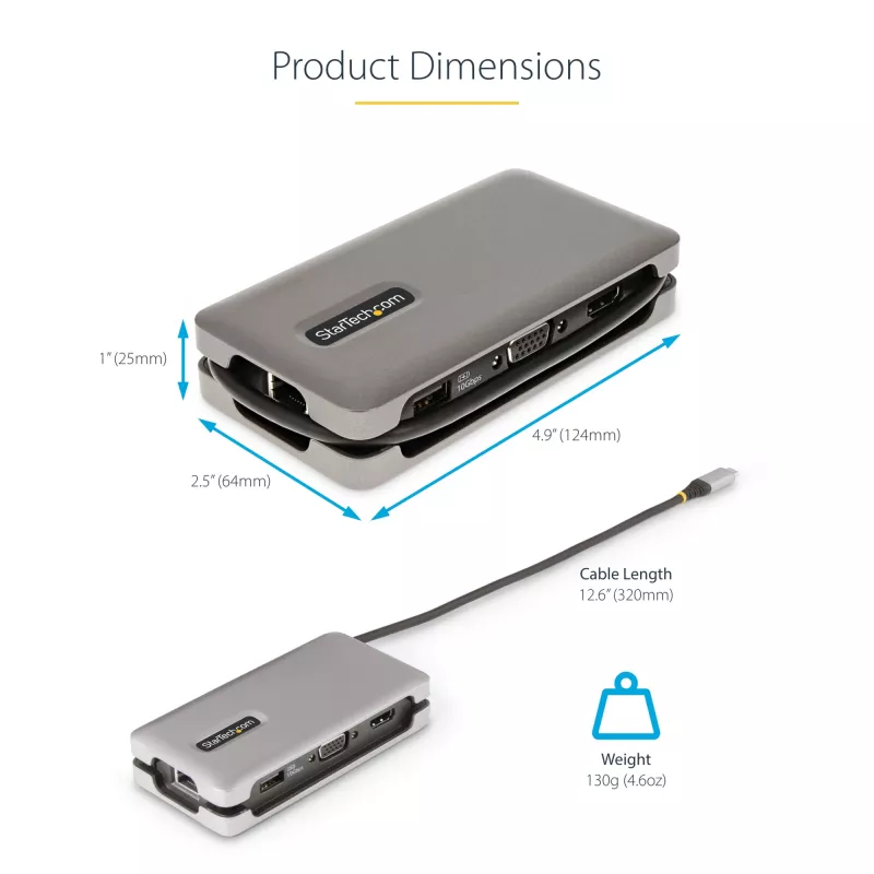 StarTech.com USB-C kelių prievadų adapteris – HDMI/VGA – 4K 60Hz – 3 prievadų USB centras – 100W Power Delivery perdavimas – GbE – kelioninė mini dokavimo stotelė su įkrovimu – 1 pėdos/30 cm apvyniojamas kabelis