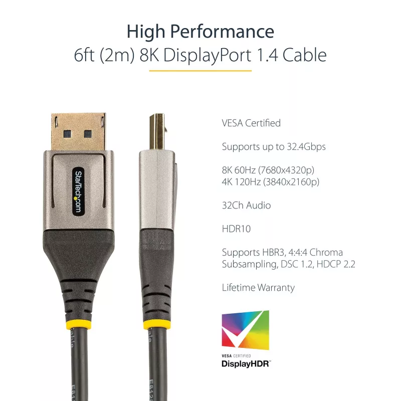 StarTech.com 2 m VESA sertifikuotas DisplayPort 1.4 kabelis – 8K 60Hz HDR10, 4K 120Hz, DP 1.4 laidas monitoriui, DisplayPort į DisplayPort, vyriški kištukai
