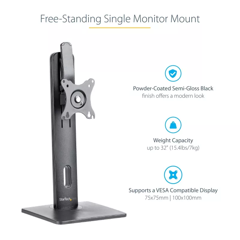 StarTech.com laisvai pastatomas monitoriaus stovas – reguliuojamo aukščio monitoriaus stovas – VESA laikikliams iki 32 colių (7 kg) – ergonomiškas monitoriaus stovas ant stalo – pakreipimas / pasukimas / sukimas