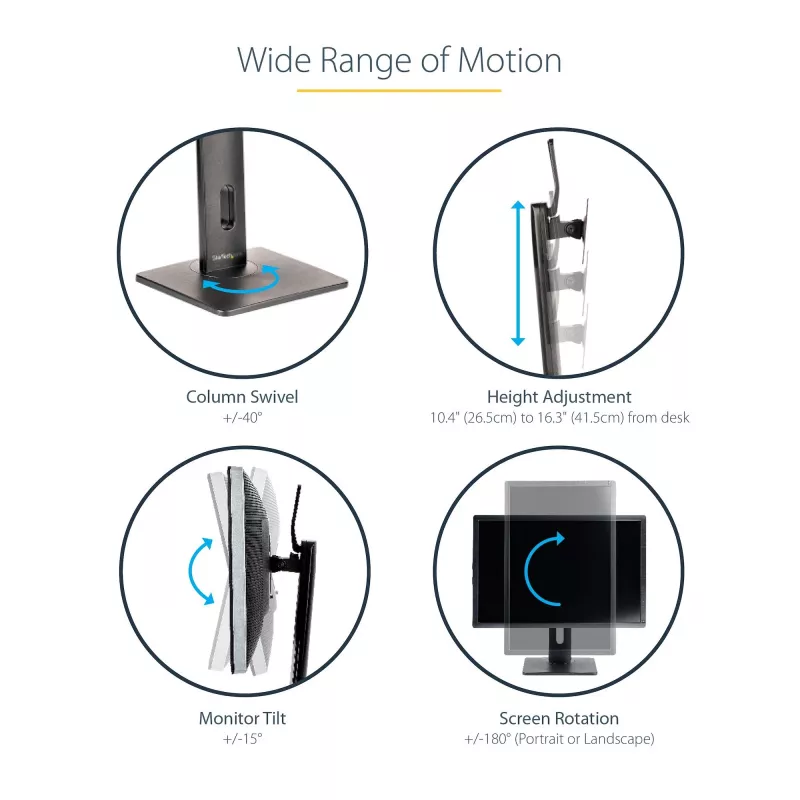 StarTech.com laisvai pastatomas monitoriaus stovas – reguliuojamo aukščio monitoriaus stovas – VESA laikikliams iki 32 colių (7 kg) – ergonomiškas monitoriaus stovas ant stalo – pakreipimas / pasukimas / sukimas