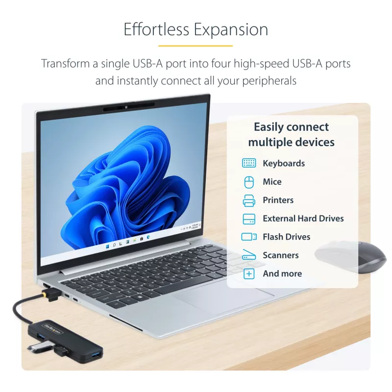 StarTech.com 4 prievadų USB-A šakotuvas, 5Gbps, maitinamas iš magistralės, mažas kelioninis mini USB šakotuvas, kelių prievadų USB 3.0 skirstytuvas, nešiojamas USB šakotuvas, apsauga nuo perkrovos (OCP)