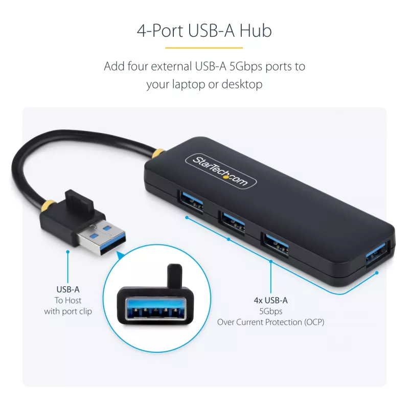StarTech.com 4 prievadų USB-A šakotuvas, 5Gbps, maitinamas iš magistralės, mažas kelioninis mini USB šakotuvas, kelių prievadų USB 3.0 skirstytuvas, nešiojamas USB šakotuvas, apsauga nuo perkrovos (OCP)