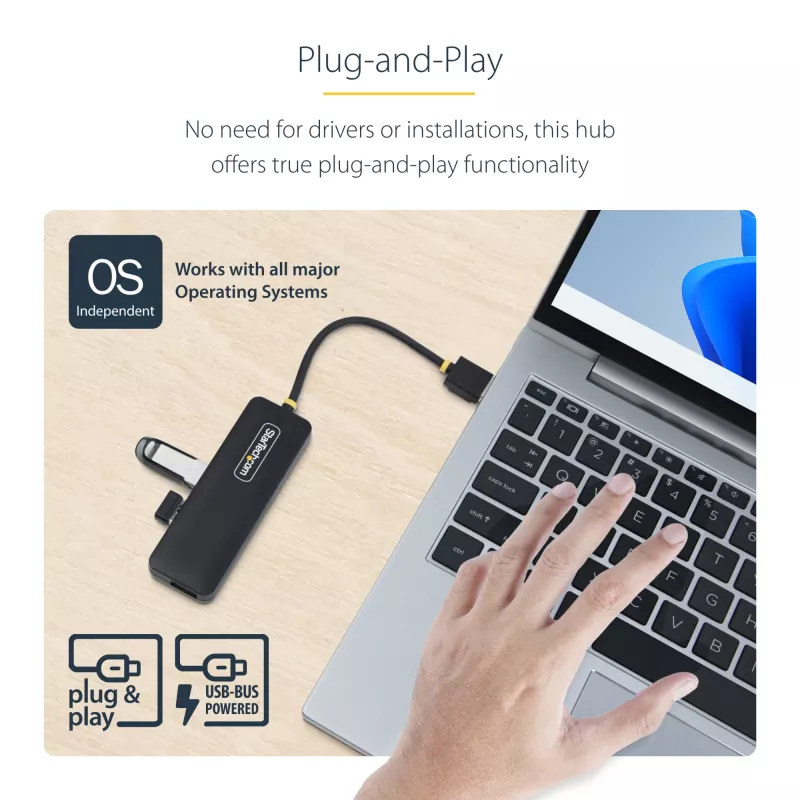 StarTech.com 4 prievadų USB-A šakotuvas, 5Gbps, maitinamas iš magistralės, mažas kelioninis mini USB šakotuvas, kelių prievadų USB 3.0 skirstytuvas, nešiojamas USB šakotuvas, apsauga nuo perkrovos (OCP)