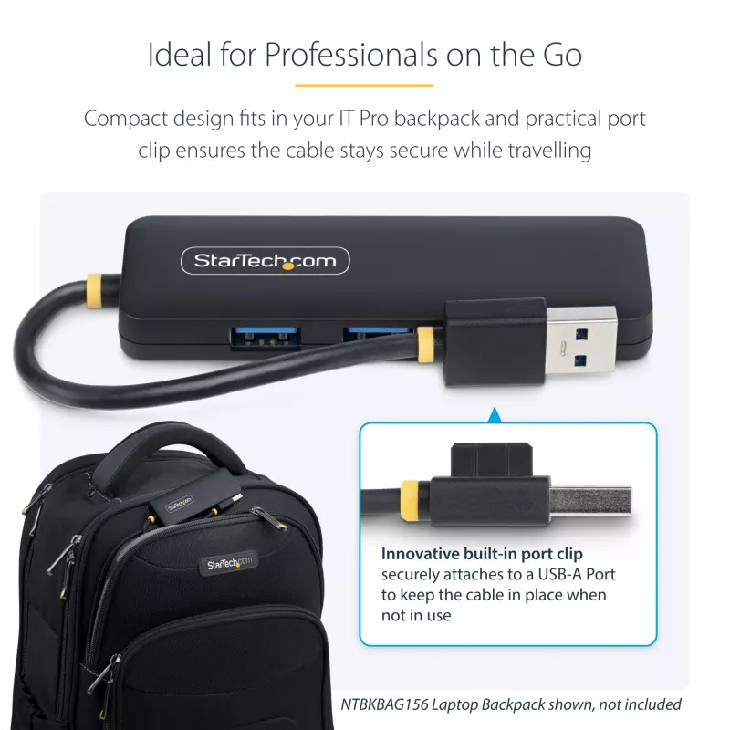 StarTech.com 4 prievadų USB-A šakotuvas, 5Gbps, maitinamas iš magistralės, mažas kelioninis mini USB šakotuvas, kelių prievadų USB 3.0 skirstytuvas, nešiojamas USB šakotuvas, apsauga nuo perkrovos (OCP)