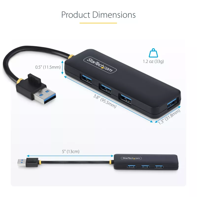 StarTech.com 4 prievadų USB-A šakotuvas, 5Gbps, maitinamas iš magistralės, mažas kelioninis mini USB šakotuvas, kelių prievadų USB 3.0 skirstytuvas, nešiojamas USB šakotuvas, apsauga nuo perkrovos (OCP)