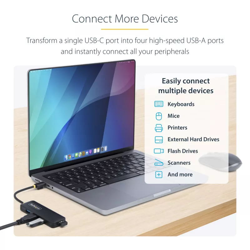 StarTech.com 4 prievadų USB-C šakotuvas, 5Gbps, USB-C į 4x USB-A, maitinamas iš magistralės, mažas kelioninis mini šakotuvas, kelių prievadų USB 3.0 skirstytuvas, nešiojamas šakotuvas, apsauga nuo viršsrovių