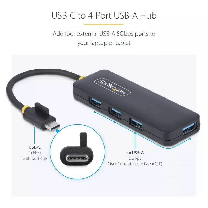 StarTech.com 4 prievadų USB-C šakotuvas, 5Gbps, USB-C į 4x USB-A, maitinamas iš magistralės, mažas kelioninis mini šakotuvas, kelių prievadų USB 3.0 skirstytuvas, nešiojamas šakotuvas, apsauga nuo viršsrovių