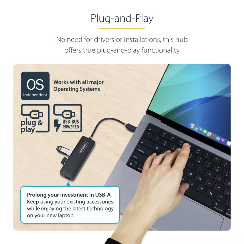 StarTech.com 4 prievadų USB-C šakotuvas, 5Gbps, USB-C į 4x USB-A, maitinamas iš magistralės, mažas kelioninis mini šakotuvas, kelių prievadų USB 3.0 skirstytuvas, nešiojamas šakotuvas, apsauga nuo viršsrovių