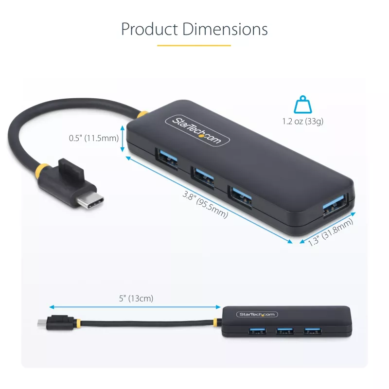 StarTech.com 4 prievadų USB-C šakotuvas, 5Gbps, USB-C į 4x USB-A, maitinamas iš magistralės, mažas kelioninis mini šakotuvas, kelių prievadų USB 3.0 skirstytuvas, nešiojamas šakotuvas, apsauga nuo viršsrovių