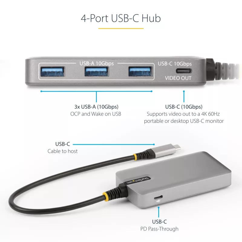 StarTech.com 4 prievadų USB-C šakotuvas su USB-C DP Alt Mode vaizdo išvestimi 4K 60Hz - 3x USB-A, 1x USB Type-C, 100W Power Delivery perdavimas, USB 3.2 10Gbps, 30cm kabelis, nešiojamas USB šakotuvas