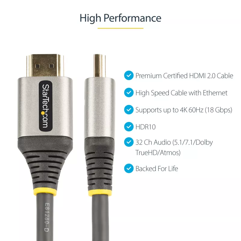 StarTech.com 6ft (2m) Premium sertifikuotas HDMI 2.0 laidas - didelės spartos Ultra HD 4K 60Hz HDMI laidas su Ethernet - HDR10, ARC - UHD HDMI vaizdo laidas - UHD monitoriams, televizoriams, ekranams - M/M