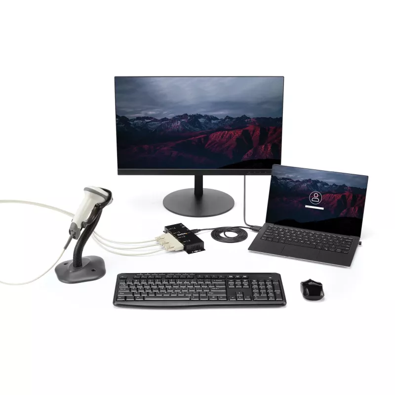 StarTech.com 4 prievadų USB į DB9 RS232 serijinis adapterių mazgas – pramoninis, montuojamas ant DIN bėgio ir sienos