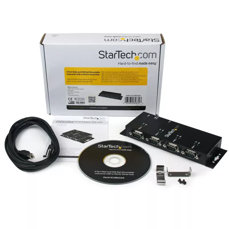StarTech.com 4 prievadų USB į DB9 RS232 serijinis adapterių mazgas – pramoninis, montuojamas ant DIN bėgio ir sienos