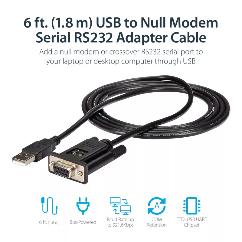 StarTech.com 6ft (1,8 m) USB į RS232 nuoseklųjį adapterį, FTDI DB9, nulinį modemą, USB 2.0 - TAA