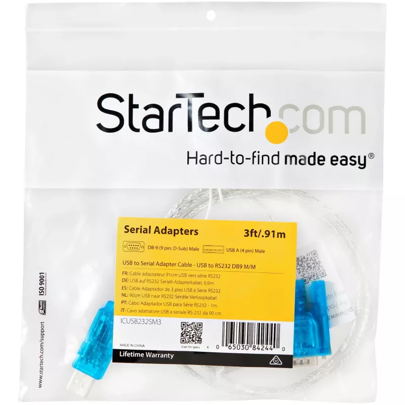 StarTech.com 3 pėdų (91 cm) 1 prievado USB į RS232 DB9 serijinis adapterio kabelis, USB į serijinį adapterį M/M