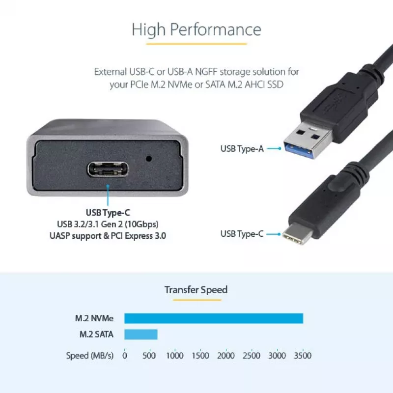 StarTech.com USB-C 10Gbps išorinis M.2 NVMe/SATA SSD dėklas - be įrankių montuojamas aliumininis korpusas su USB-C ir USB-A laidais, tinka 2230/2242/2260/2280
