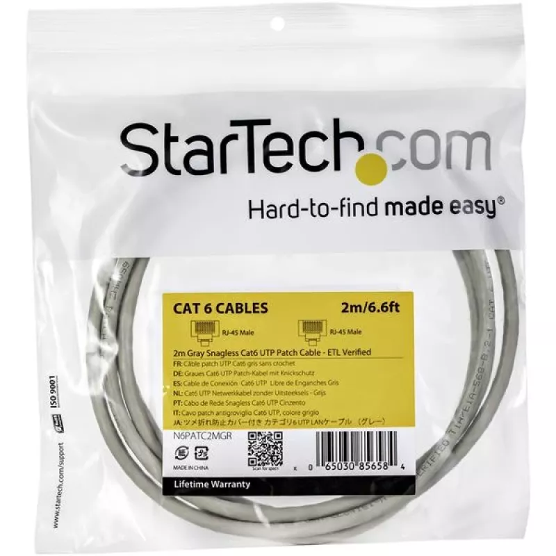 StarTech.com 2m CAT6 eterneto laidas - pilkas CAT 6 Gigabit eterneto laidas - 250MHz 100W PoE RJ45 UTP tinklo/jungiamasis kabelis su apsauga nuo užkliuvimo ir įtempimo mažinimu, individualiai išbandytas