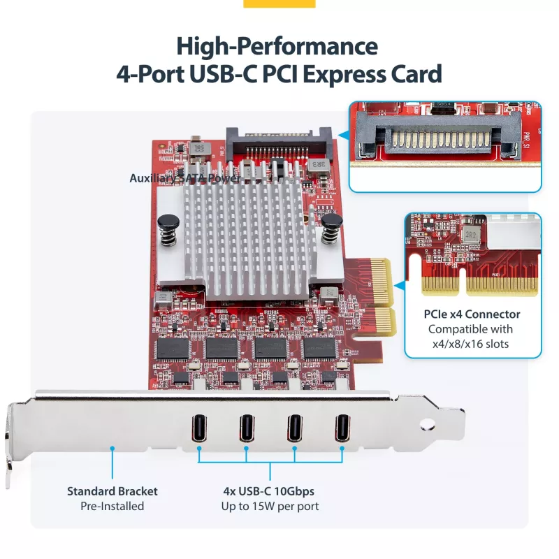 StarTech.com 4 prievadų USB Type-C PCIe kortelė, USB 3.2 10Gbps, USB-C PCI Express išplėtimo kortelė, 4 nepriklausomi USB valdikliai, Windows/Linux/macOS, TAA atitinkanti