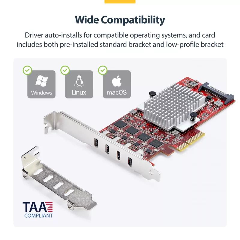 StarTech.com 4 prievadų USB Type-C PCIe kortelė, USB 3.2 10Gbps, USB-C PCI Express išplėtimo kortelė, 4 nepriklausomi USB valdikliai, Windows/Linux/macOS, TAA atitinkanti
