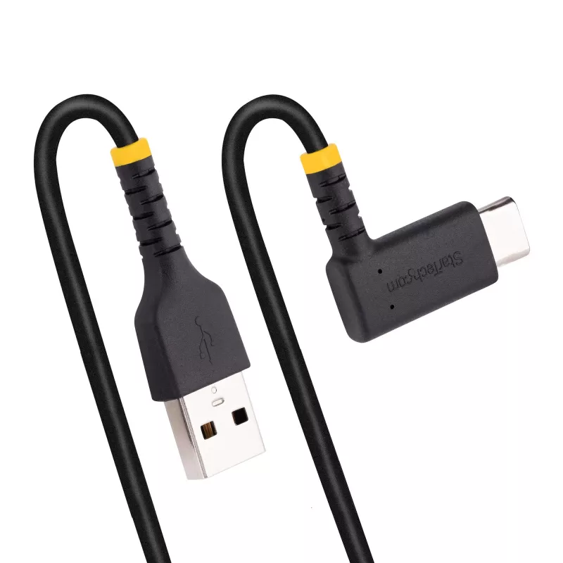 StarTech.com 1ft (30cm) USB A į C įkrovimo laidas stačiu kampu – patvarus greito įkrovimo USB-C laidas – juodas USB 2.0 A į Type-C – armuotas aramidiniu pluoštu – 3A – USB įkrovimo laidas