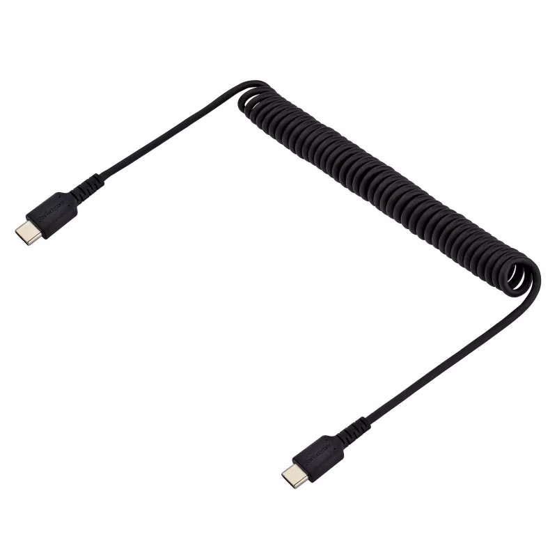 StarTech.com 3ft (1m) USB-C įkrovimo laidas, spirališkai susuktas, tvirtas, greitas įkrovimas ir sinchronizavimas, USB 2.0 Type-C, armuotas aramidiniu pluoštu, patvarus, juodas