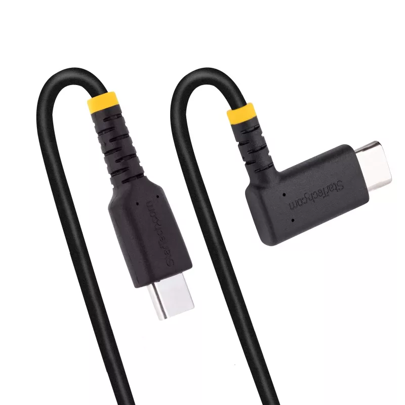 StarTech.com 6 colių (15 cm) USB-C įkrovimo laidas stačiu kampu – 60W PD 3A – tvirtas greito įkrovimo USB-C laidas – juodas USB 2.0 Type-C – armuotas aramidiniu pluoštu – trumpas USB įkrovimo laidas