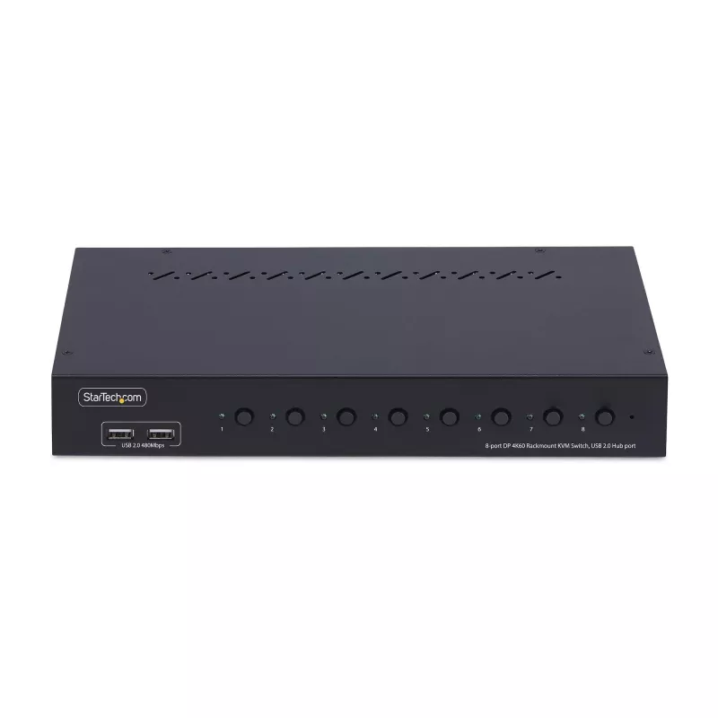 StarTech.com 8 prievadų DisplayPort KVM jungiklis su 1U stovo montavimo rinkiniu, 4K 60Hz DP 1.2, mygtukų ir sparčiųjų klavišų perjungimu, 4 prievadų USB šakotuvu, nepriklausomas nuo OS, TAA atitinka