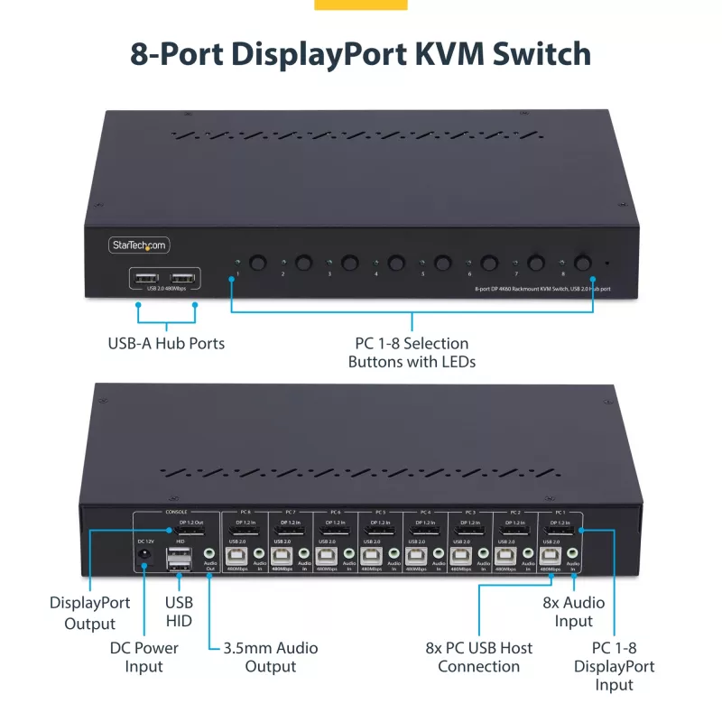 StarTech.com 8 prievadų DisplayPort KVM jungiklis su 1U stovo montavimo rinkiniu, 4K 60Hz DP 1.2, mygtukų ir sparčiųjų klavišų perjungimu, 4 prievadų USB šakotuvu, nepriklausomas nuo OS, TAA atitinka