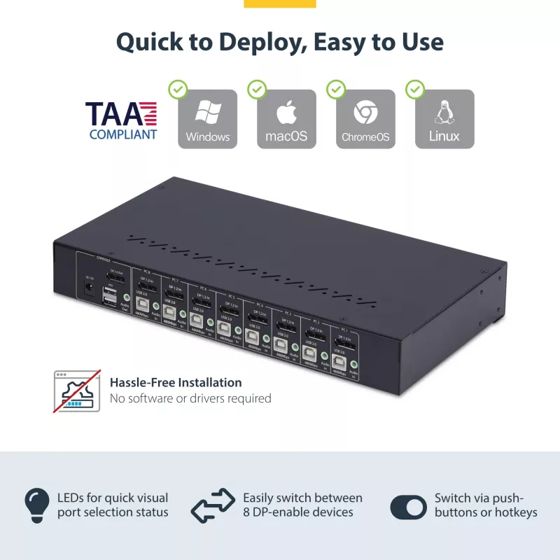 StarTech.com 8 prievadų DisplayPort KVM jungiklis su 1U stovo montavimo rinkiniu, 4K 60Hz DP 1.2, mygtukų ir sparčiųjų klavišų perjungimu, 4 prievadų USB šakotuvu, nepriklausomas nuo OS, TAA atitinka