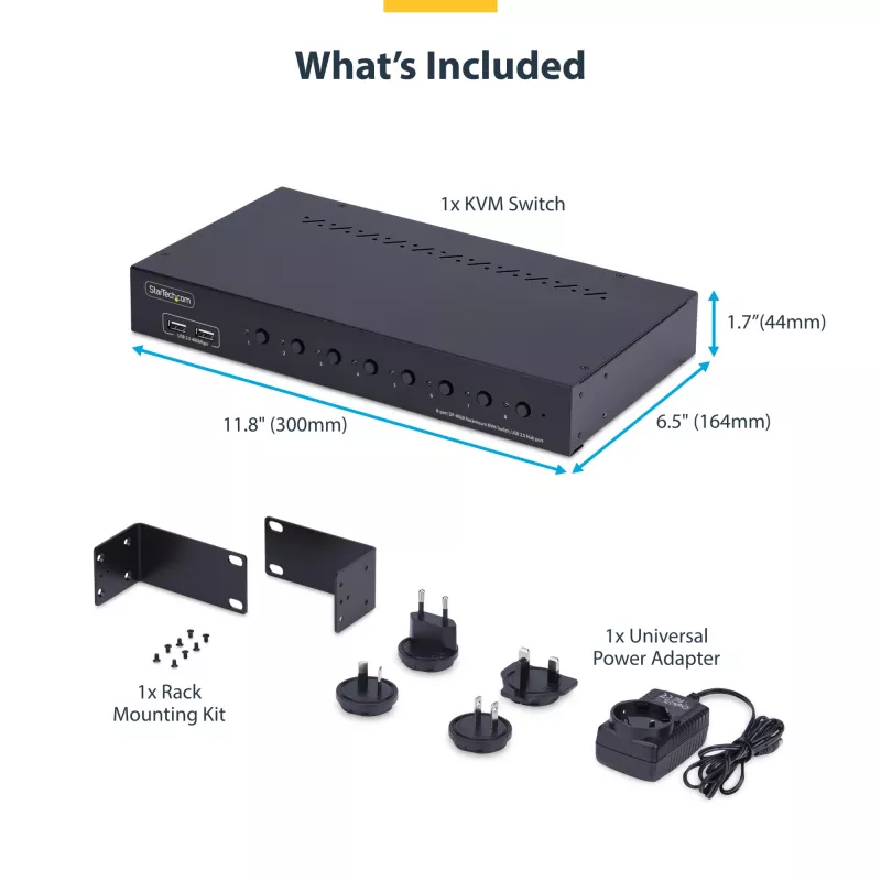 StarTech.com 8 prievadų DisplayPort KVM jungiklis su 1U stovo montavimo rinkiniu, 4K 60Hz DP 1.2, mygtukų ir sparčiųjų klavišų perjungimu, 4 prievadų USB šakotuvu, nepriklausomas nuo OS, TAA atitinka