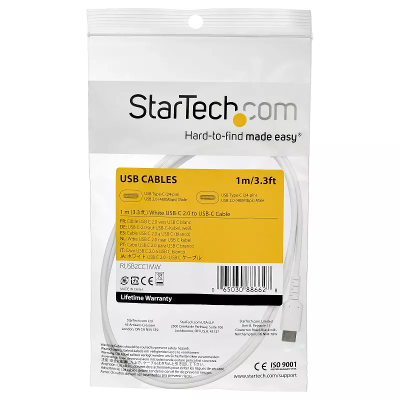 StarTech.com 1m USB C įkrovimo laidas – patvarus greitas įkrovimas ir sinchronizavimas USB 2.0 Type C į USB C nešiojamojo kompiuterio įkroviklio laidas – TPE apvalkalas, aramidinis pluoštas, M/M, 60W, baltas – Samsung S10 S20 iPad Pro MS Surface