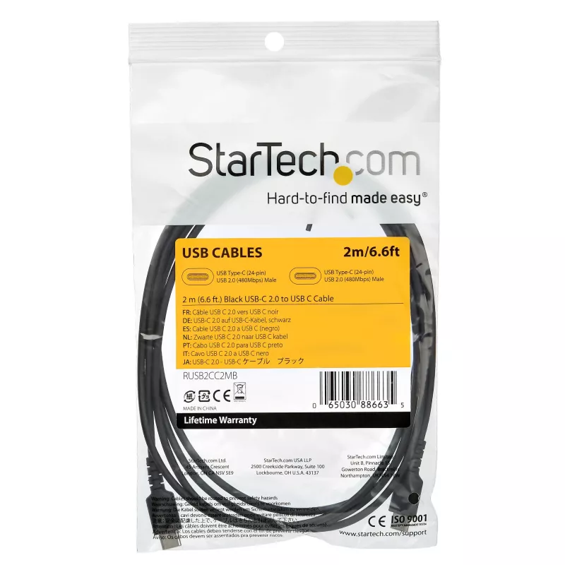 StarTech.com 2m USB C įkrovimo laidas - Patvarus greitas įkrovimas ir sinchronizavimas USB 2.0 Type C į USB C nešiojamojo kompiuterio įkroviklio laidas - TPE apvalkalas, aramidinis pluoštas, M/M, 60W, juoda - Samsung S10 S20 iPad Pro MS Surface