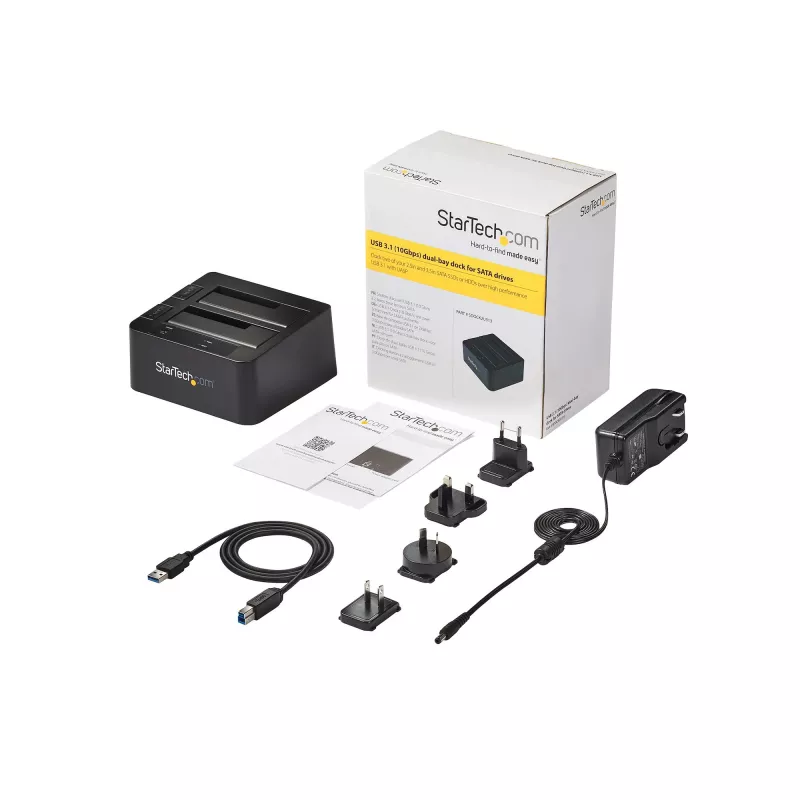 StarTech.com Dviejų diskų USB 3.2 Gen 2 SATA kietųjų diskų dokas, 10 Gbps, išorinis 2,5/3,5 colio SATA I/II/III SSD/HDD dokas, karšto keitimo lizdas, įkrovimas iš viršaus