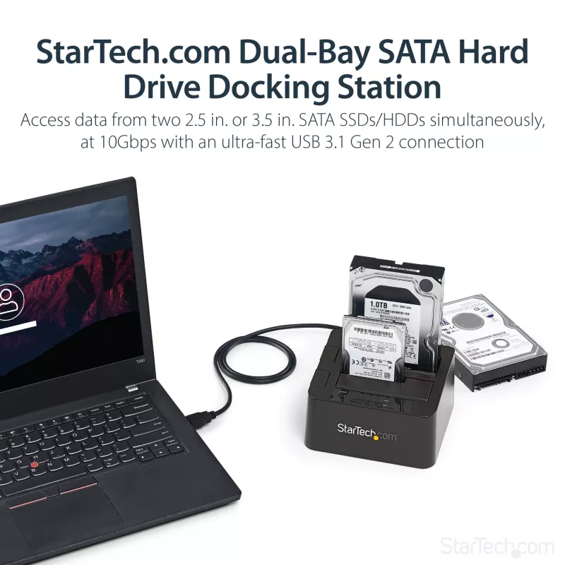 StarTech.com Dviejų diskų USB 3.2 Gen 2 SATA kietųjų diskų dokas, 10 Gbps, išorinis 2,5/3,5 colio SATA I/II/III SSD/HDD dokas, karšto keitimo lizdas, įkrovimas iš viršaus