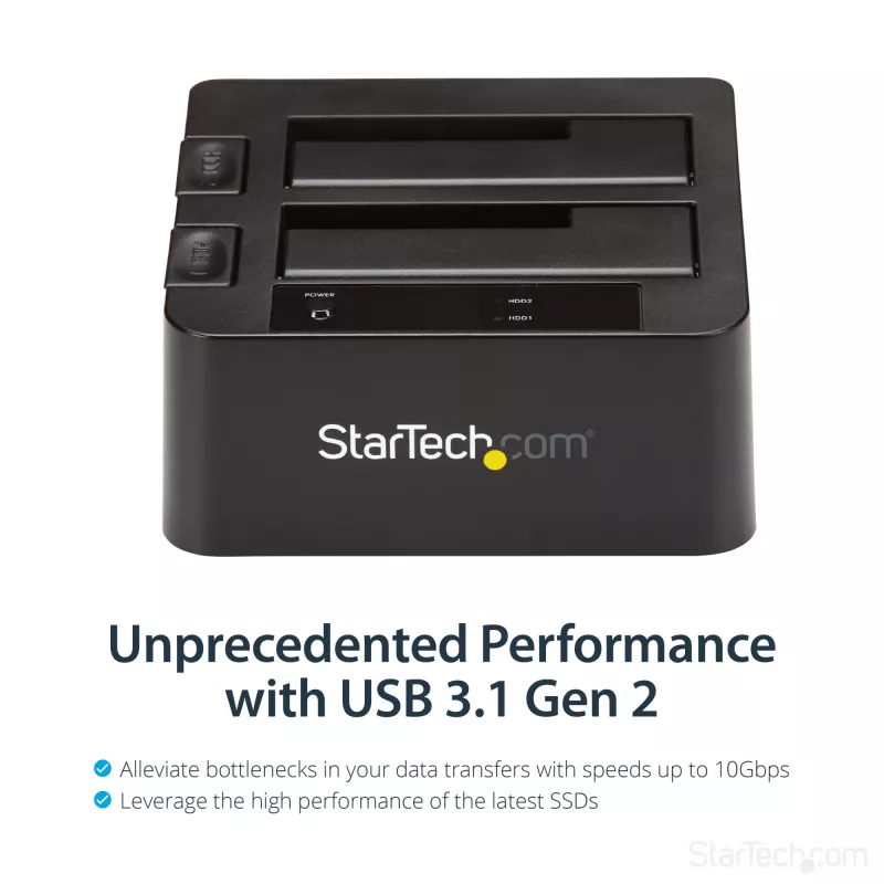 StarTech.com Dviejų diskų USB 3.2 Gen 2 SATA kietųjų diskų dokas, 10 Gbps, išorinis 2,5/3,5 colio SATA I/II/III SSD/HDD dokas, karšto keitimo lizdas, įkrovimas iš viršaus