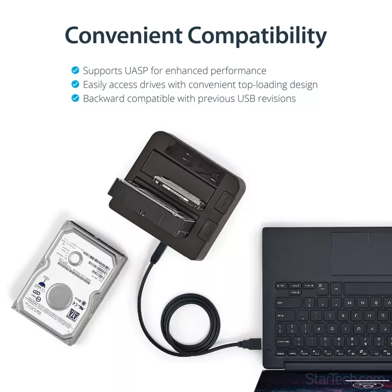 StarTech.com Dviejų diskų USB 3.2 Gen 2 SATA kietųjų diskų dokas, 10 Gbps, išorinis 2,5/3,5 colio SATA I/II/III SSD/HDD dokas, karšto keitimo lizdas, įkrovimas iš viršaus