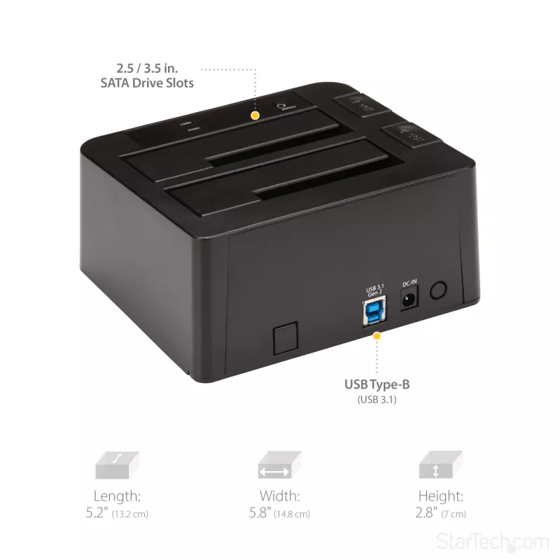 StarTech.com Dviejų diskų USB 3.2 Gen 2 SATA kietųjų diskų dokas, 10 Gbps, išorinis 2,5/3,5 colio SATA I/II/III SSD/HDD dokas, karšto keitimo lizdas, įkrovimas iš viršaus