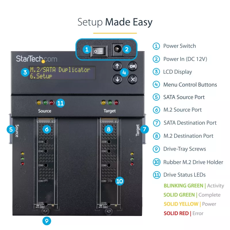 StarTech.com SM2DUPE11 – nepriklausomas M.2 SATA ir M.2 NVMe kopijavimo ir trynimo įrenginys, skirtas M.2 PCIe AHCI/NVMe, M.2 SATA, 2,5/3,5 colio SATA diskams