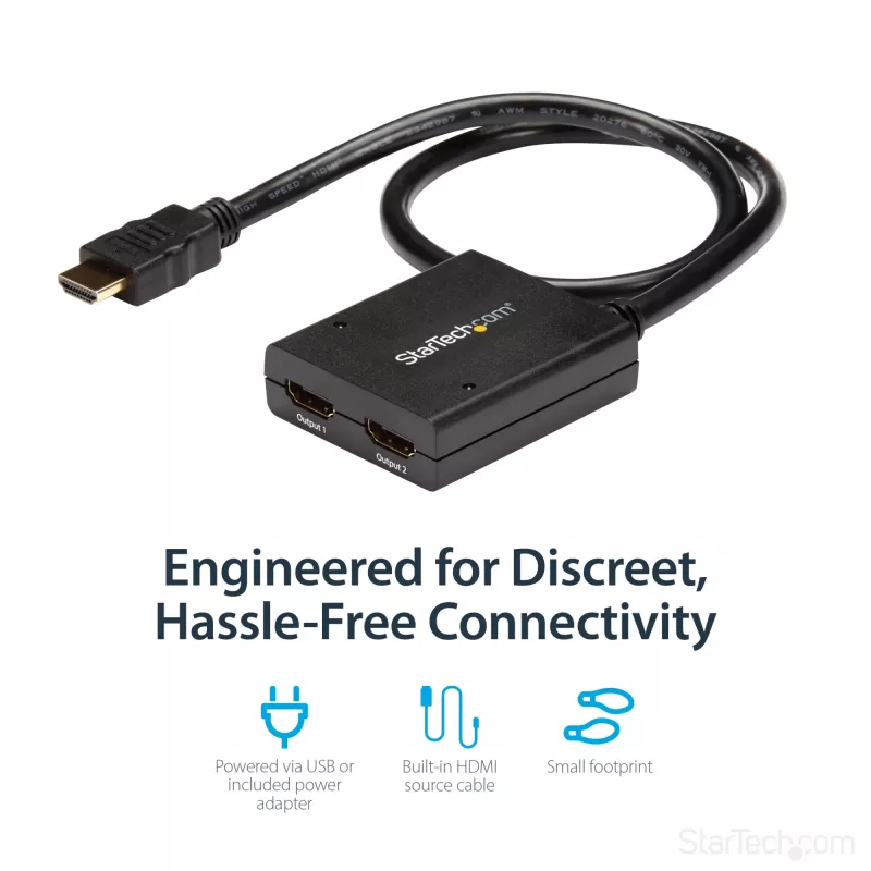 StarTech.com 4K HDMI 2 prievadų vaizdo skirstytuvas – 1x2 HDMI skirstytuvas – maitinamas USB arba maitinimo adapteriu – 4K 30Hz