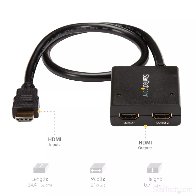 StarTech.com 4K HDMI 2 prievadų vaizdo skirstytuvas – 1x2 HDMI skirstytuvas – maitinamas USB arba maitinimo adapteriu – 4K 30Hz