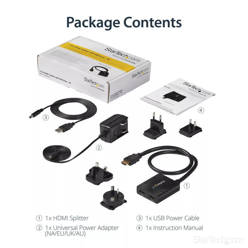 StarTech.com 4K HDMI 2 prievadų vaizdo skirstytuvas – 1x2 HDMI skirstytuvas – maitinamas USB arba maitinimo adapteriu – 4K 30Hz