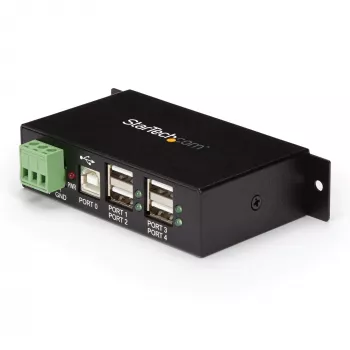 StarTech.com 4 prievadų USB 2.0 centras - metalinis pramoninis USB-A centras - montuojamas ant DIN bėgio, sienos ar stalo - TAA atitinkantis USB išplėtimo centras