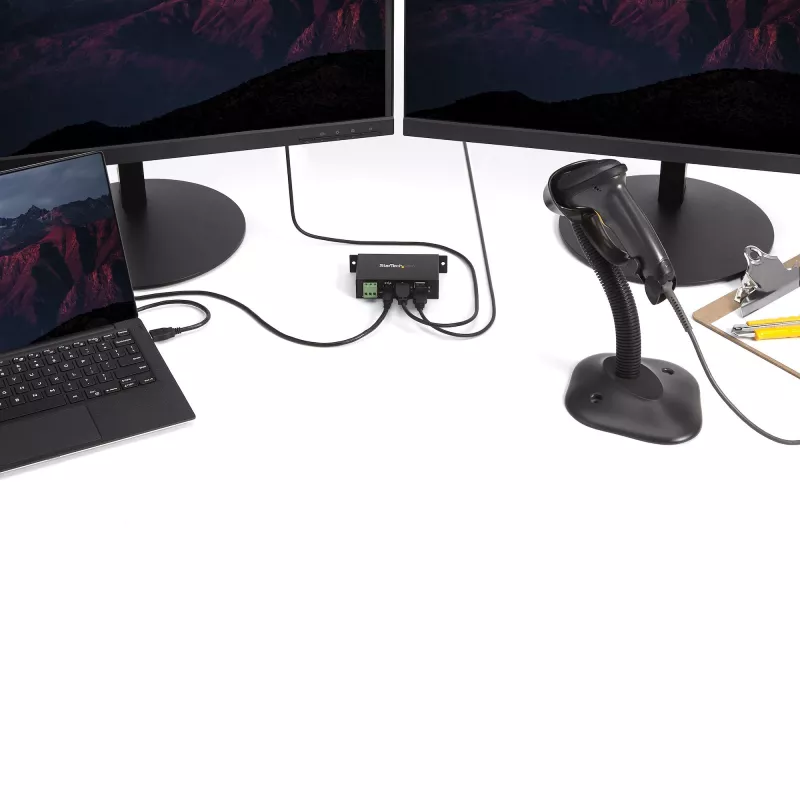 StarTech.com 4 prievadų USB 2.0 centras - metalinis pramoninis USB-A centras - montuojamas ant DIN bėgio, sienos ar stalo - TAA atitinkantis USB išplėtimo centras